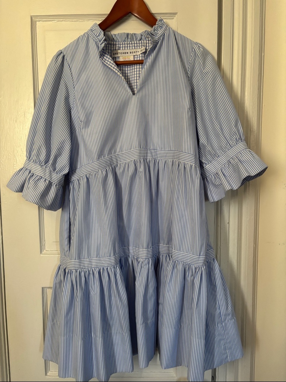 Gretchen Scott Designs Blue & White Pinstripe Ruffle Tiered Mini Dress